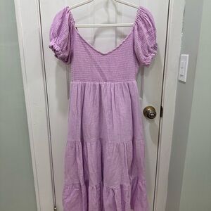 Purple V-Neck Puff Sleeve Midi Sundress